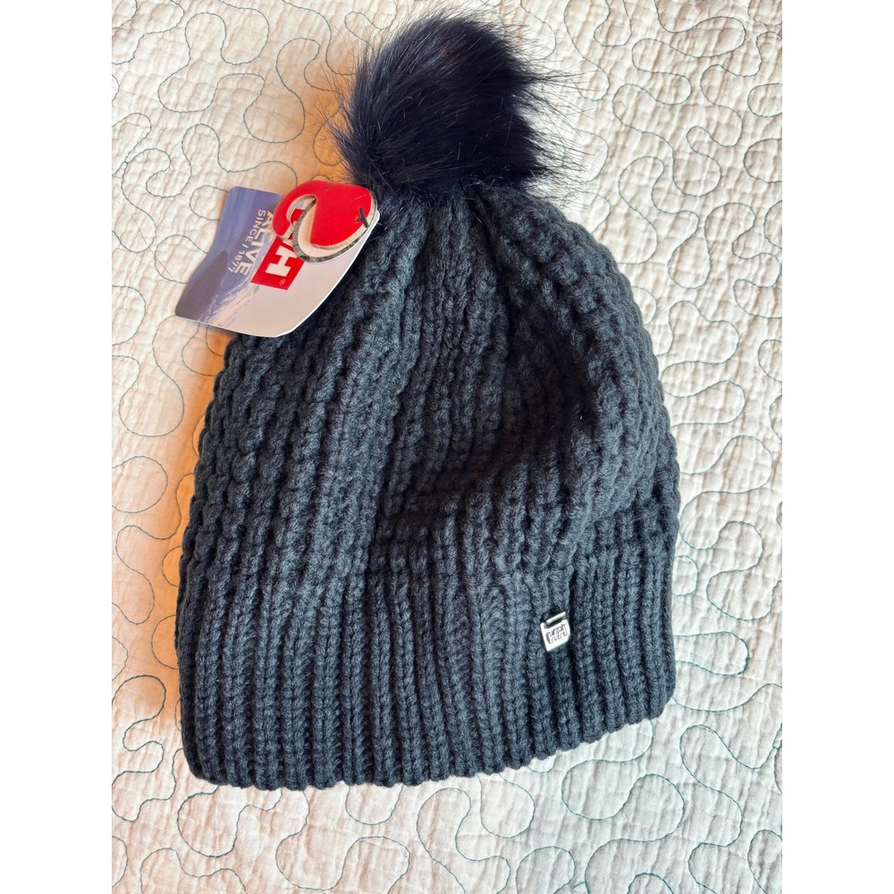 Helly Hansen W Snowfall Beanie Navy Blue Ribbed Knit Faux Fur Pom Hat